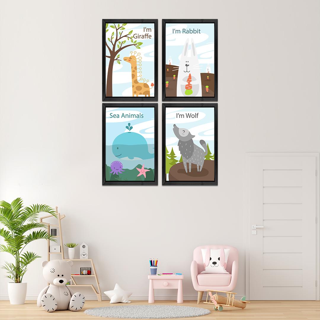 Set of 4 Cute Animal Kids Room Wall Frames