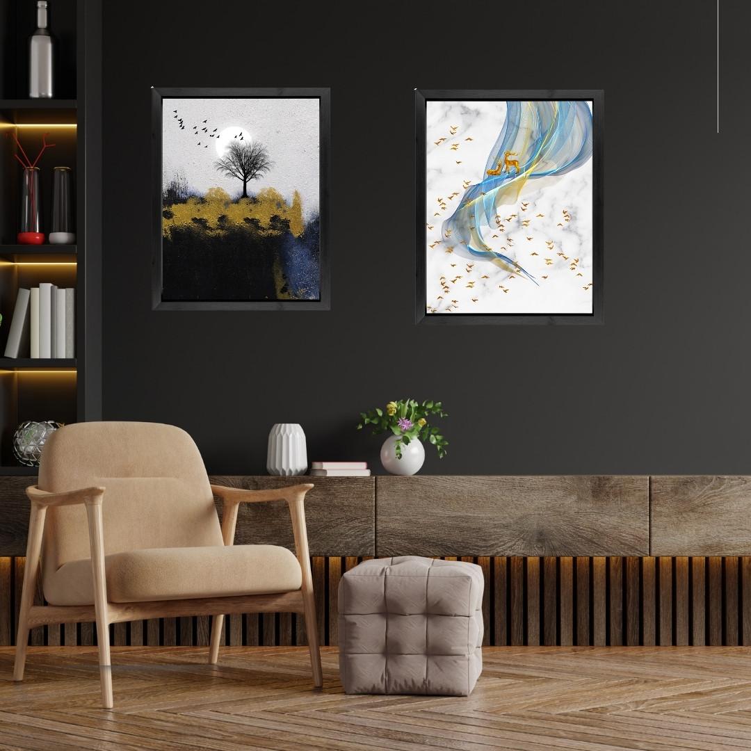 Modern Abstract Nature Wooden Wall Art Frame Set of 2